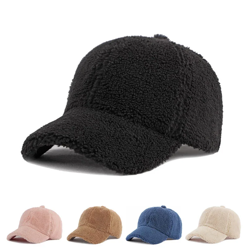 Autumn and Winter Women Baseball Cap Artificial Lamb Wool Hat Thicken Warm Men Sun Hat Plush Fuzzy Outdoor Version Tide Warm Cap