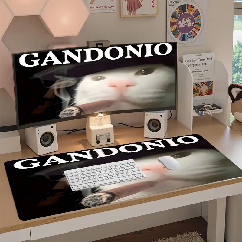 Large Funny Cat Emoticon Pack Mouse Pad Anti-Slip Base Table Pad with 'Gandonio' Text and Cat Pattern Suitable for Office Games