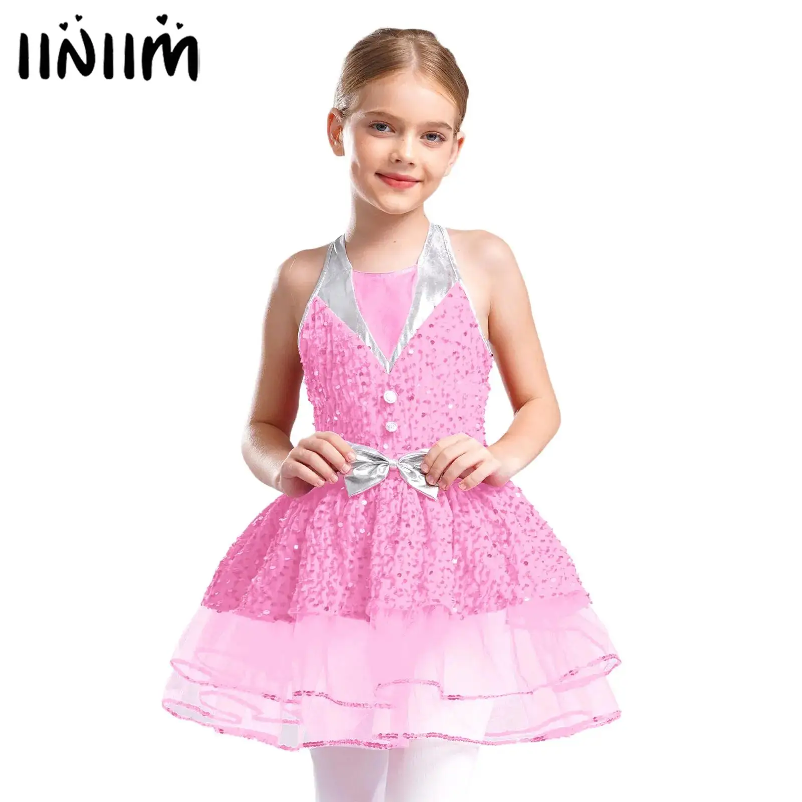 Kids Girls Glittery Sequins Christmas Ballerina Tutu Skirt Ballet Lyrical Dance Performance Costume Halter Backless Velvet Dress