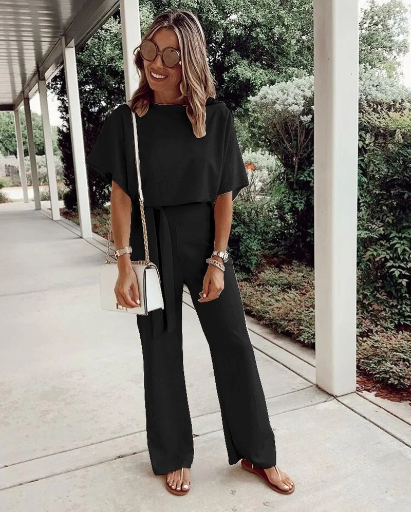 2023 New Loose Casual Lace Up Short Sleeves Jumpsuits Women Summer Solid Color Pockets Mature Wide Leg Pants Rompers OL Female