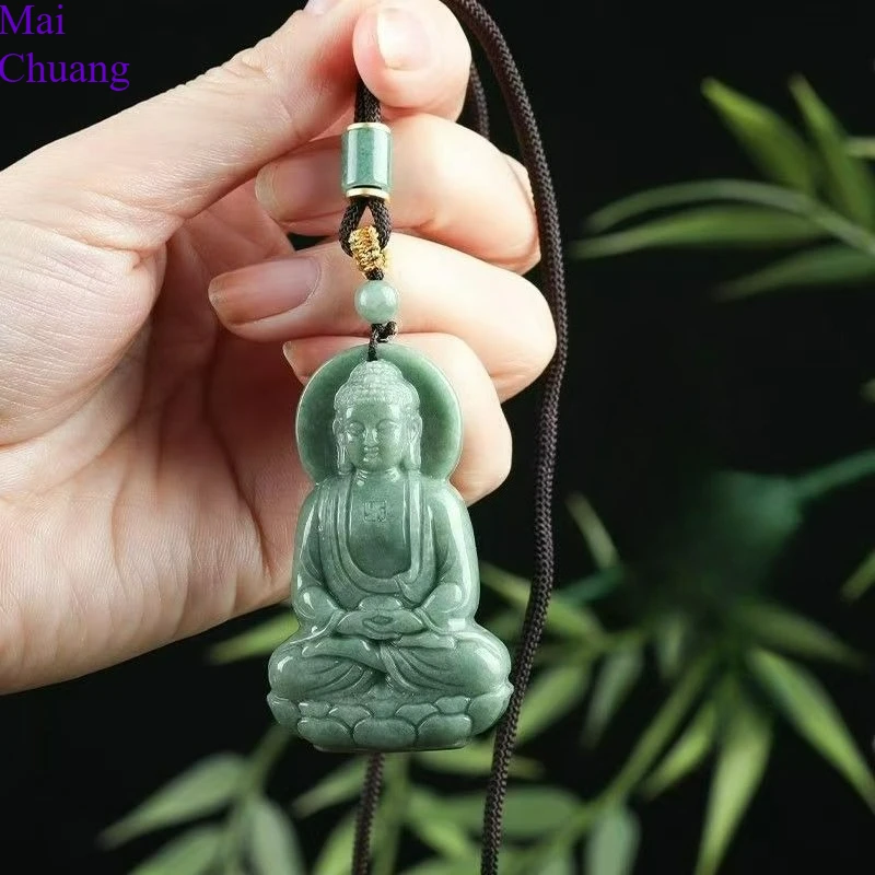 Natural Burmese Jade Bean Green Hand-carved Three-dimensional Tathagata Buddha Emerald Fashion Accessories MenWomen Couples Gift