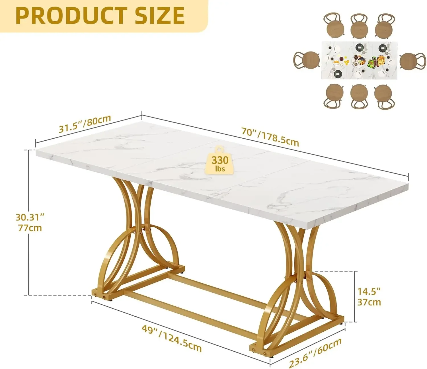 Large Modern Dining Table for 6-8 People, Rectangular White Kitchen Dining Room Table with Faux Marble Tabletop and Gold Geometr