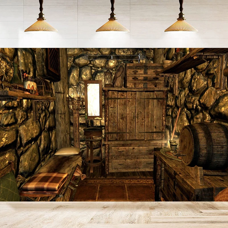 Shabby Saloon Tavern Interior Photography Backdrop Rustic Old Wall Wooden Bar Counter Tables Chairs Background Western Cowboy