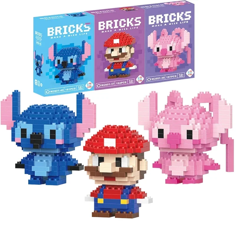 Disney LiLo Stitch Super Mario Bros Hello Kitty Blocks Buliding Blocks Mini Action Toy Figures Assembly Toys Dolls Children Gift