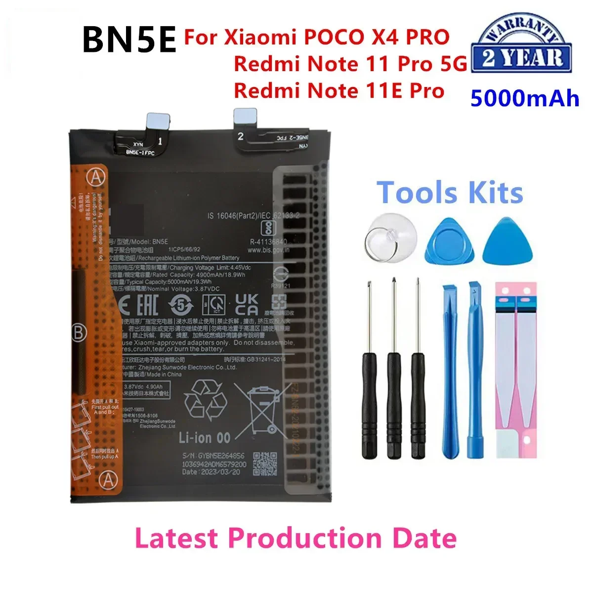 Brand New  BN5E 5000mAh For Xiaomi Redmi Note 11 Pro 5G/ 11EPro /POCO X4 PRO Phone Replacement Batteries+Tools