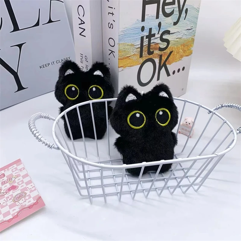Black Cat Plush Keychain Big Eyes Mini Squeaky Toy Bag Pendant Soft Stuffed Animal Key Ring For Girls Backpack Decoration