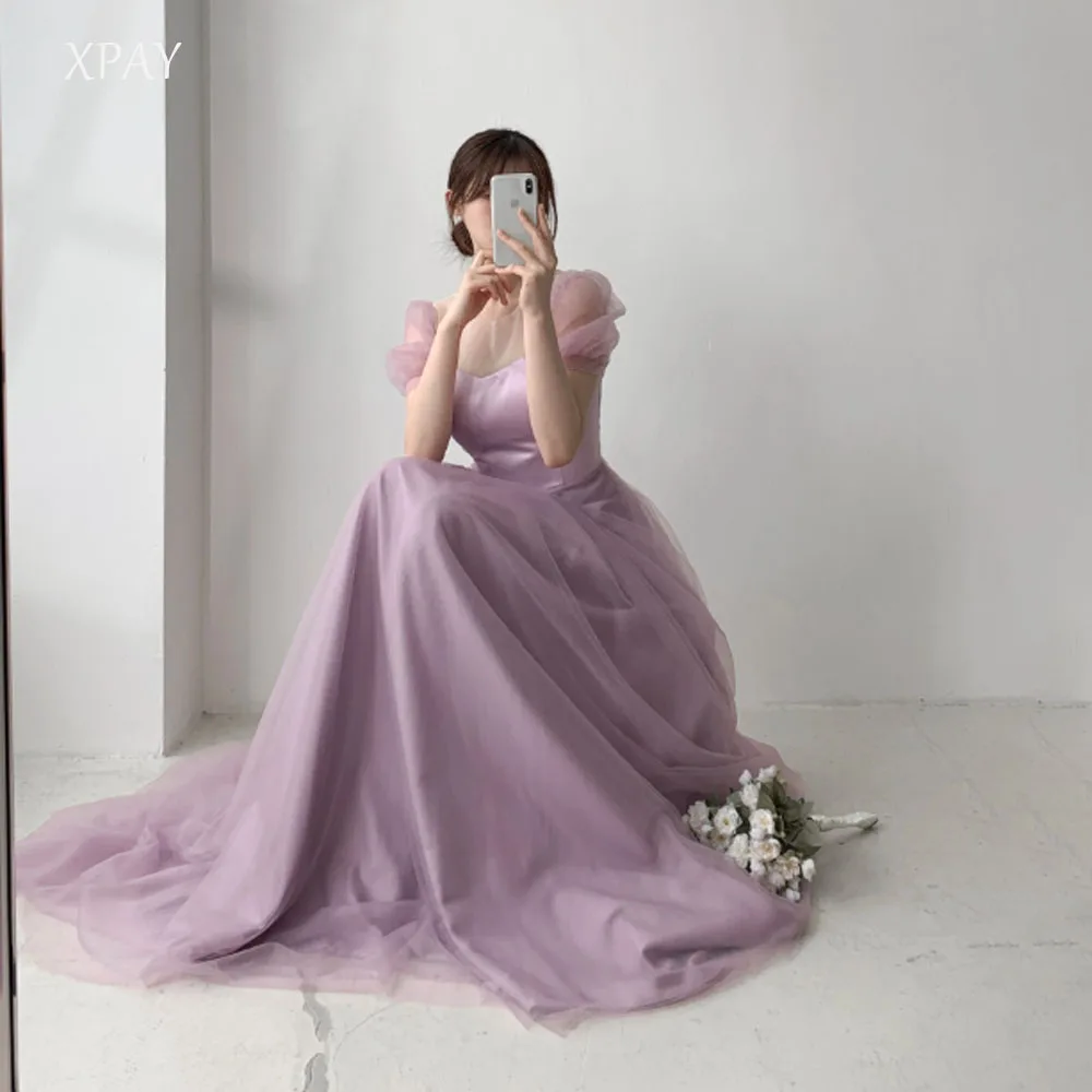 

XPAY Fairy Purple O-Neck Tulle Korea Prom Dresses For Wedding Bride Gowns Garden Puff Sleeves A-line Evening Dress 웨딩드레스