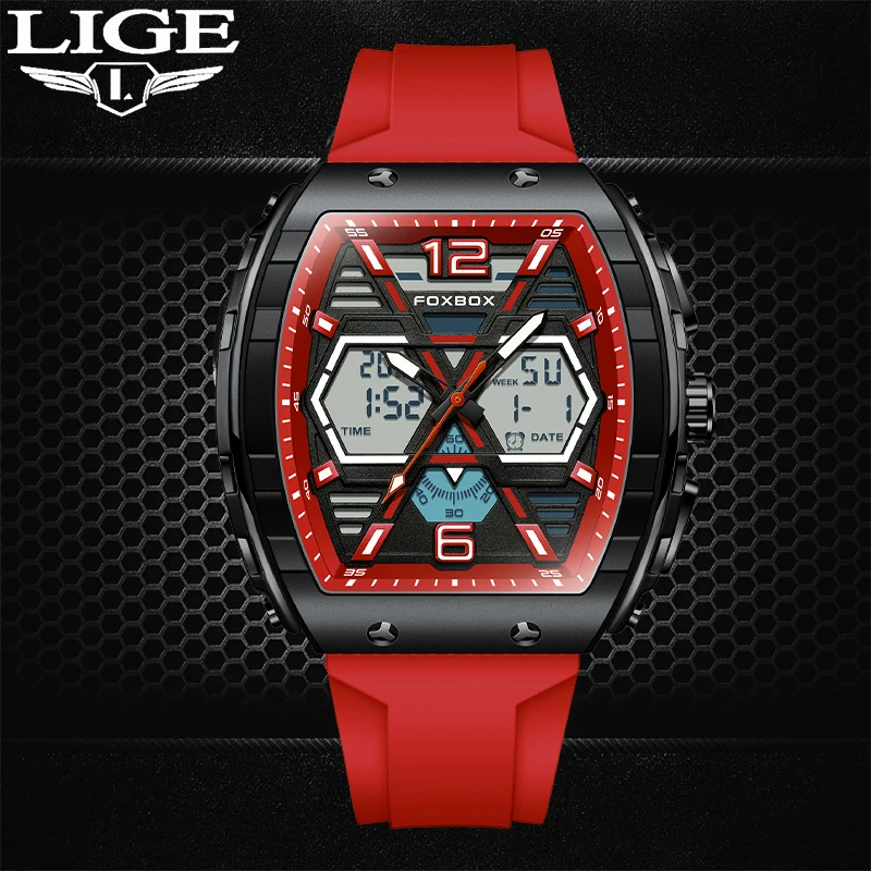 

LIGE Chronograph Waterproof Luminous Quartz Watch For Men Tonneau Dial Military Sport Wristwatches with Silicone Strap Auto Date