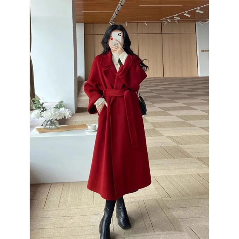 Woolen Coat Red 2024 Double-sided Plush Autumn And Winter New Mid Length High-end Small Figure Woolen Coat