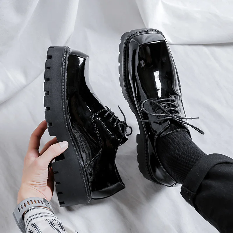 

mens fashion stage nightclub platform shoes lace-up patent leather oxfords shoe brand designer square toe sneakers mans footwear