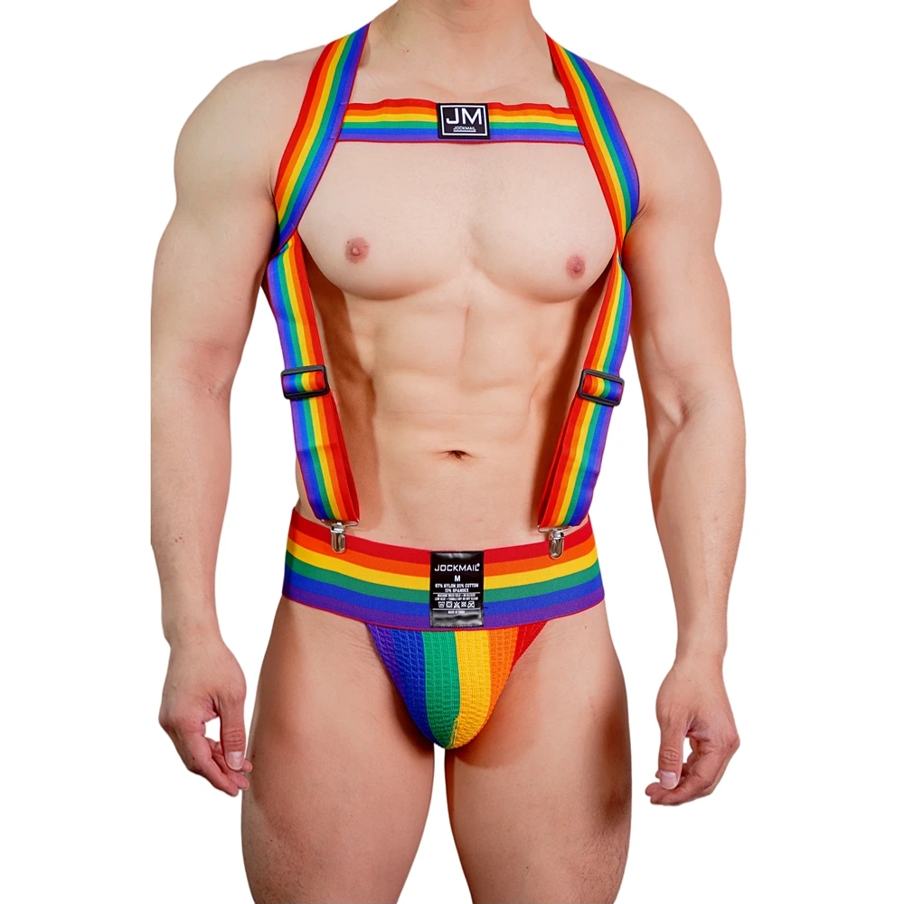 

JOCKMAIL Rainbow Body Harness Adjustable with 3" Wide Band Athletic Supporters Jockstrap Men Underwear Dancing At A Go-Go Bar