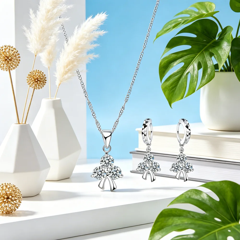 Best Selling Genuine 925 Sterling Silver Triangle Rhinestone Classic Design Women Jewelry Sets Necklace And Earrings Sets