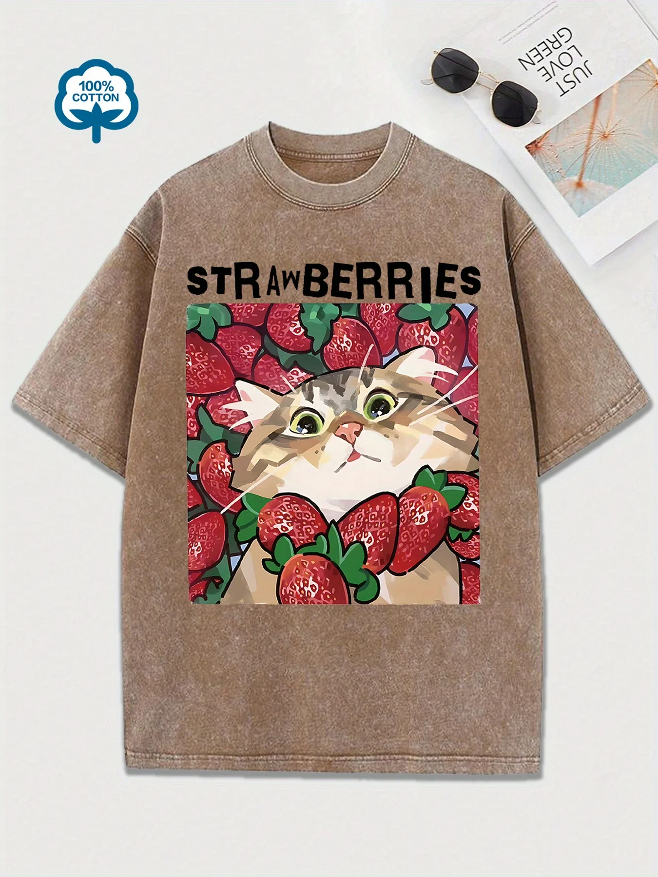 Fashion Women'S Washed Cotton Cute Cat Strawberry Print T-Shirt Vintage Style Short Sleeve Heavy Wash T Shirt Unisex view 3