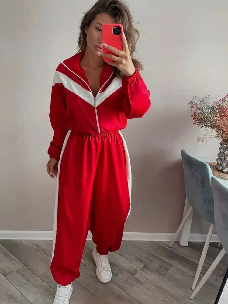 

Faionable Loose Zipper Color Blo Jaet And Pants Set Women's Casual Sportswear Long Sve Autumn Collection