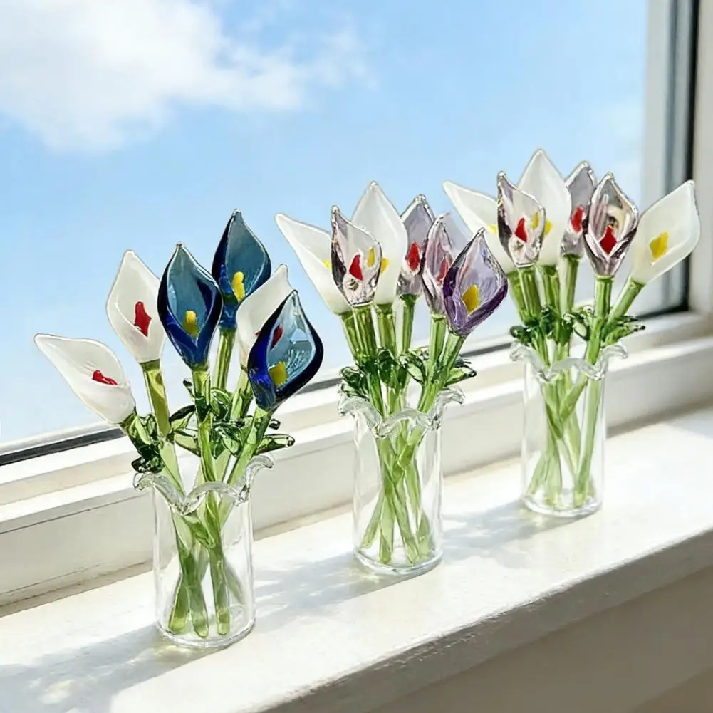 Glass Callalily With Stem Hand-Blown Mini Glass Flower Figurine Decoration Home Living Room Office Colorful Floral Ornament
