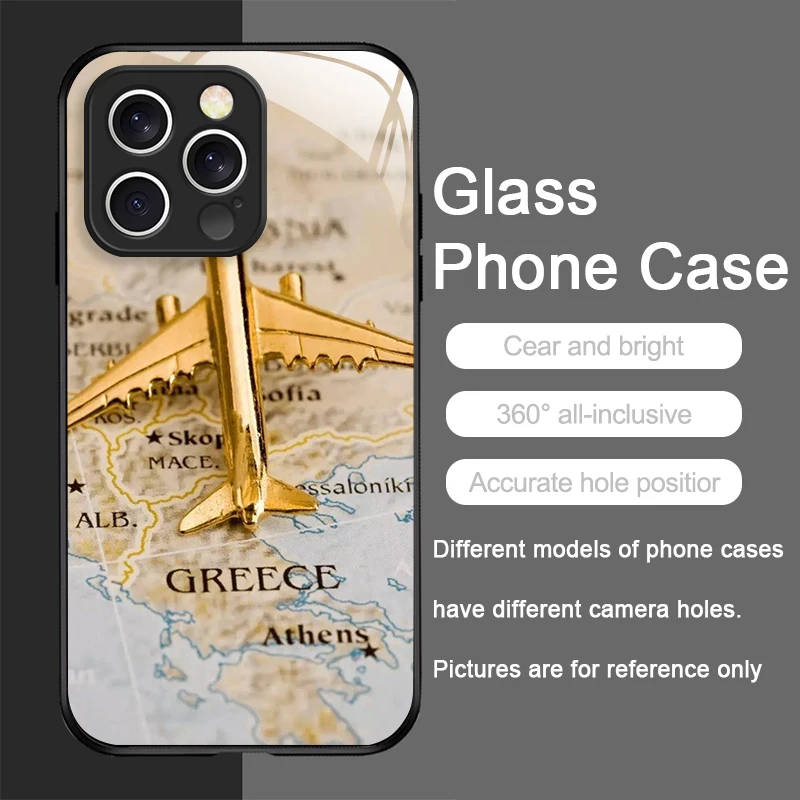 Custodia per telefono in vetro temperato con mappa di viaggio creativa modello aereo per IPhone 17 16 Pro Max 15 14 13 12 Mini 11 X XS 7 8 Plus Copertine