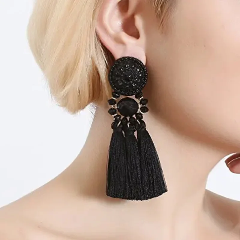 Bohemian Statement Thread Tassel Chandelier Drop Dangle Earrings with Cassandra Button Stud