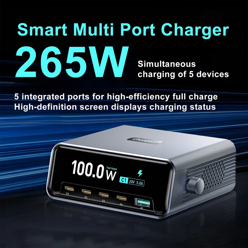 265w-multi-port-gan-fast-charger-4-type-c-ports-pd100w-usb-30w-digital-display-for-laptop-phone-tablet-travel-home-office