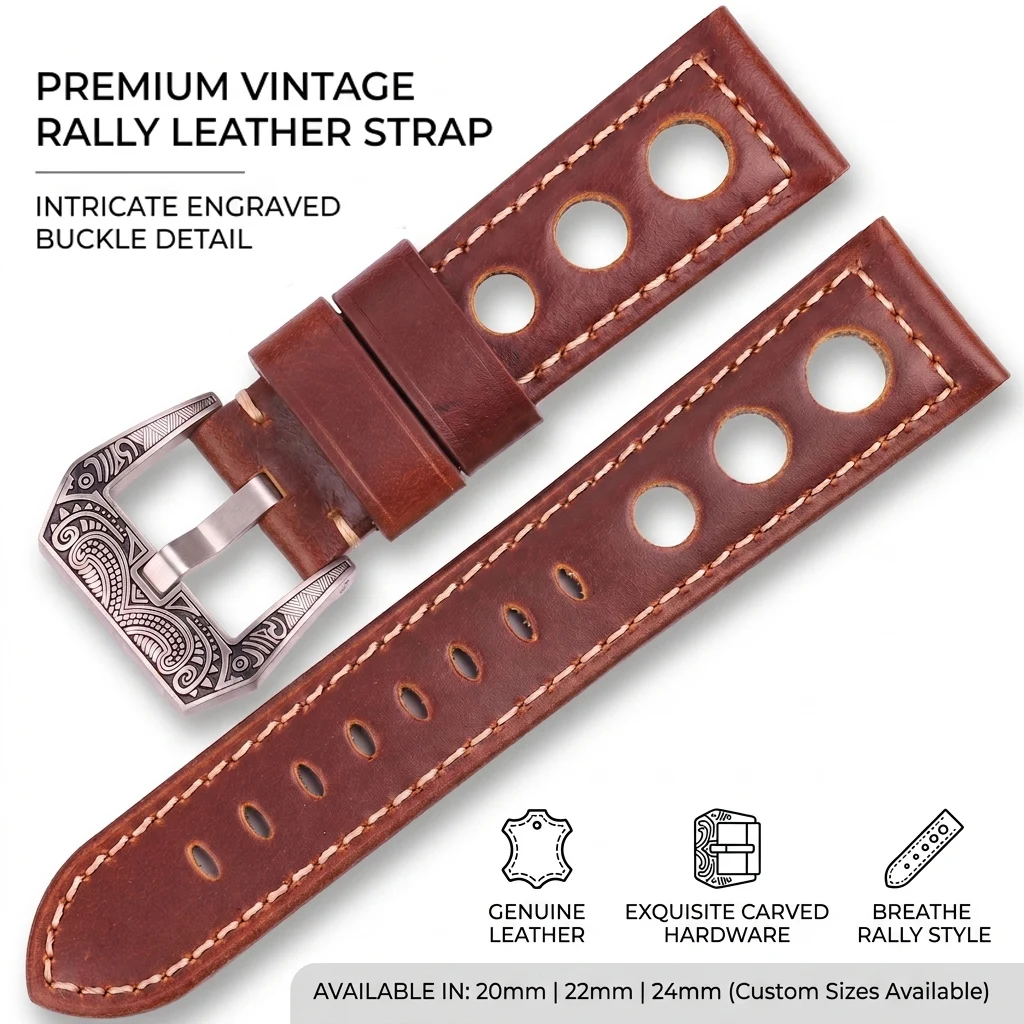 Top Grain Oil Wax Leather Watchband 20mm 22mm 24mm Dark Brown Carved Screw In Buckle Rally Watch Strap Men Accessories