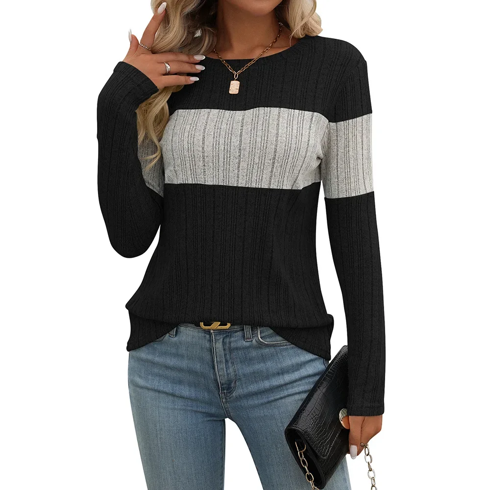 

Women's 2024 Winter New Casual Color Blocked Striped T-shirt for Women Vintage Clothes Goth Shirts