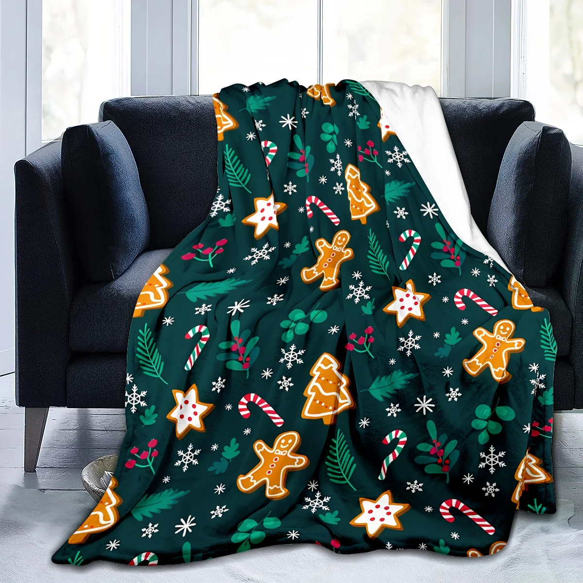 1pc Kerst Peperkoek Heren Flanellen Deken - Groene Vakantie Gooi met Sneeuwvlokken & Snoepstokken, Zacht Gezellig All-Season Indoor/O