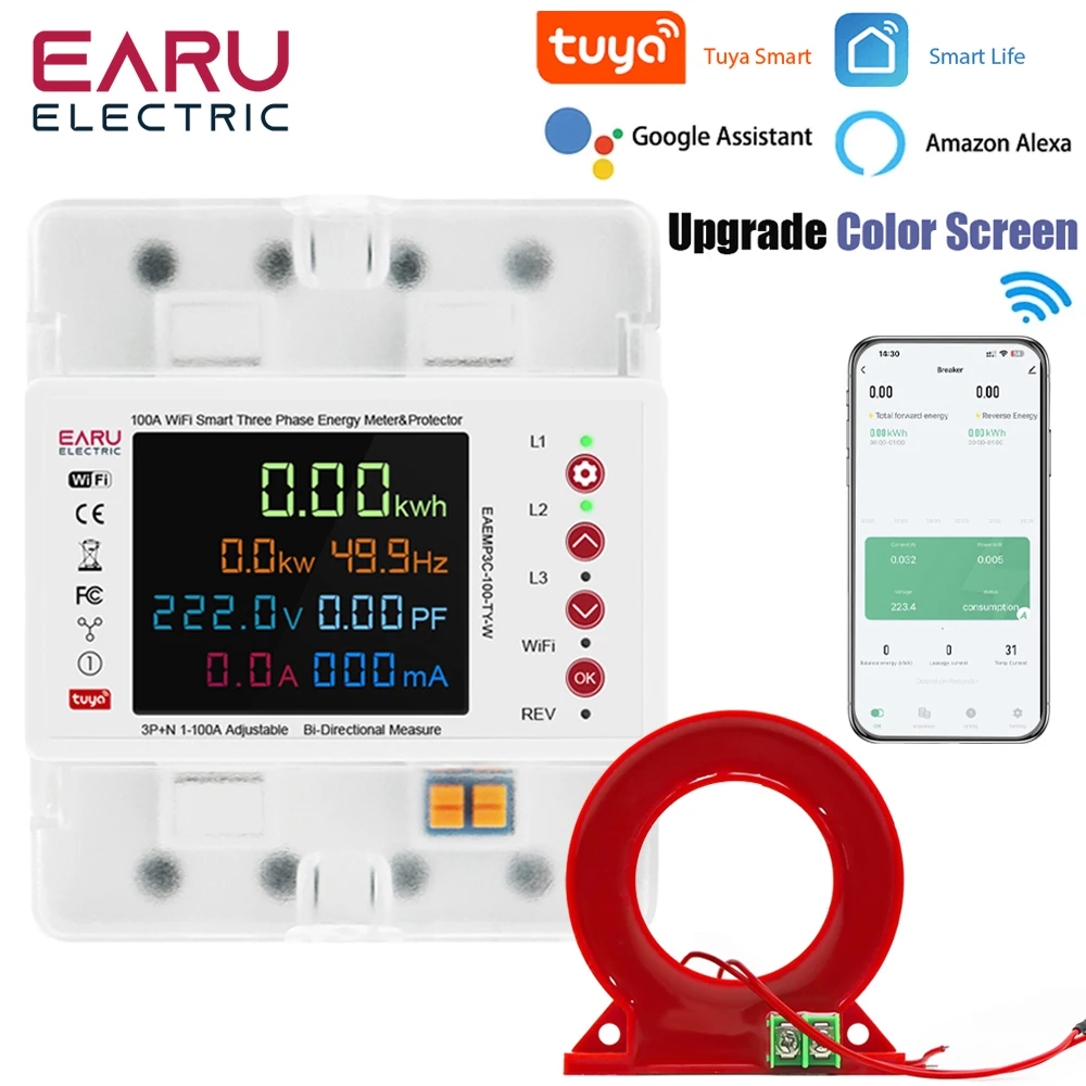 

3P 100A Tuya WiFi Smart Bi-Directional Energy Power kWh Meter Leakage Over Under Voltage Protector Relay Switch Current Limit