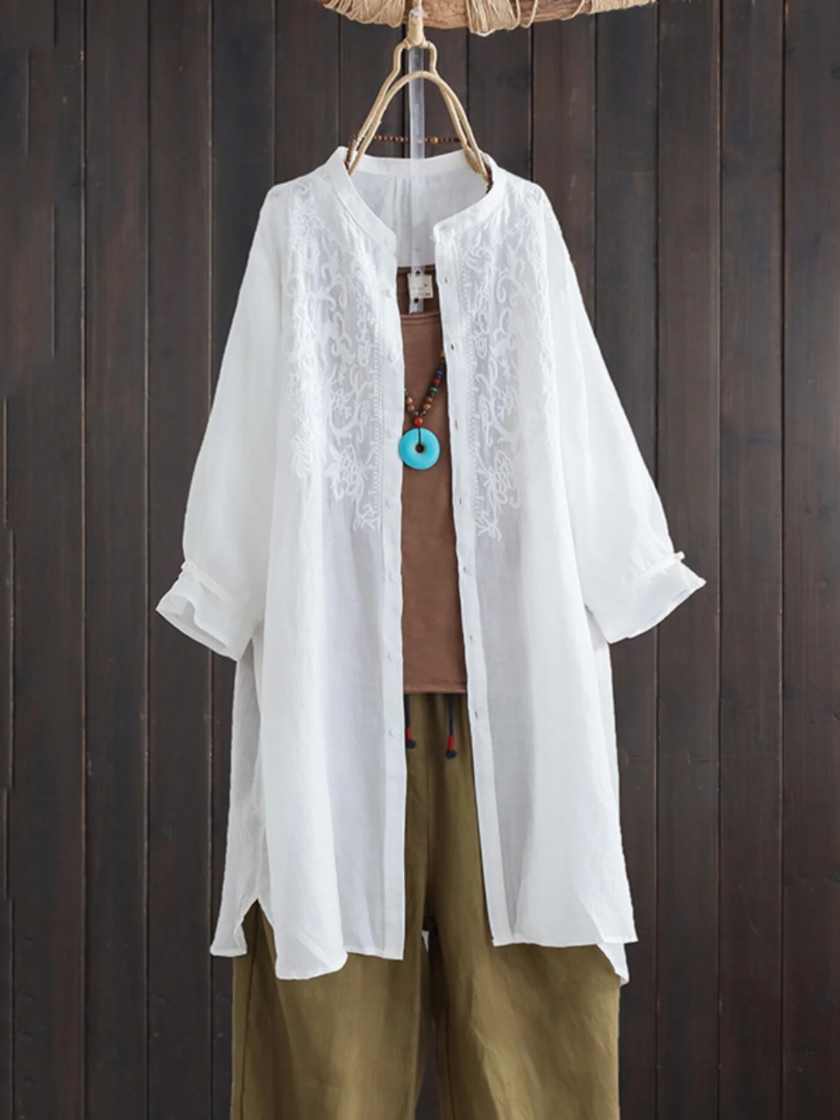 Retro Artystyczna Haftowana Lniana Sukienka Midi Duży Rozmiar Damska Asymetryczna Cienka Ochrona Przed Słońcem Otwarta...