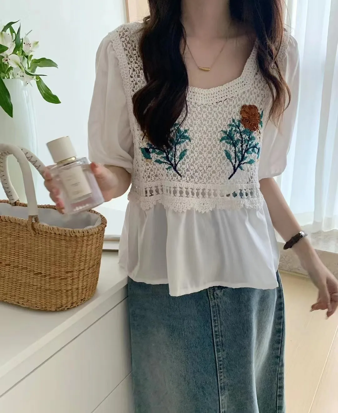 Women Blouse Crochet Knit Square Neck Half Sleeve Floral Embroidery Babydoll Tops Summer Teen-girls Fairycore Cottagecore Outfit