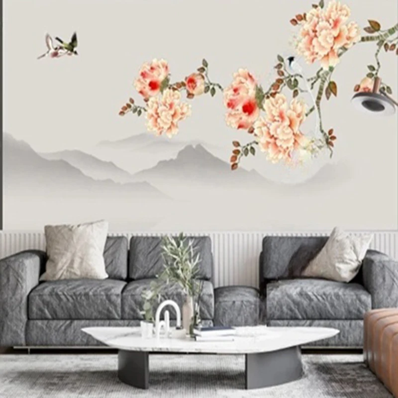 The Chinese-style TV luxuriously decorated background wall features blooming peonies vying for beauty and rhododendrons
