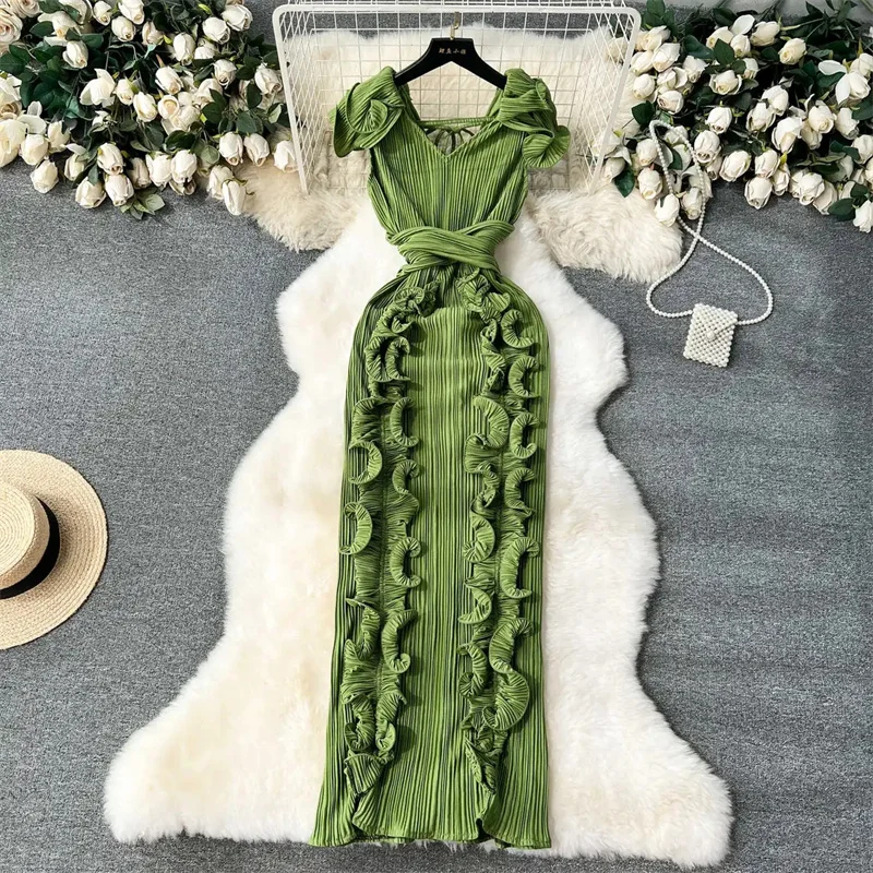 Ruffles Sleeveless Maxi Dress Women Solid O Neck Elastic Waist Fashion 2024 Ladies Summer Slim Evening Dresses