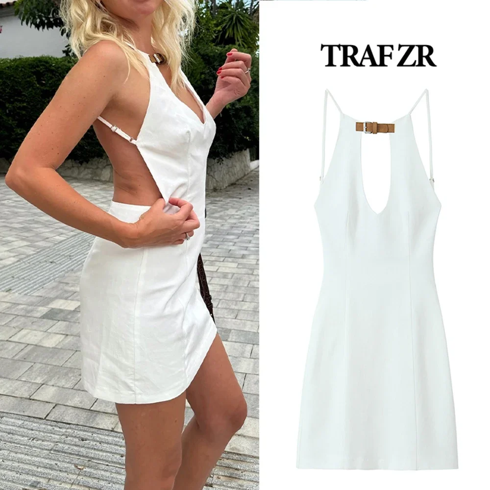 TRAF ZR Sexy backless mini-jurk met riemgesp bij de nek Dunne bandjes Korte witte jurken met voering Vintage zomer uit één stuk