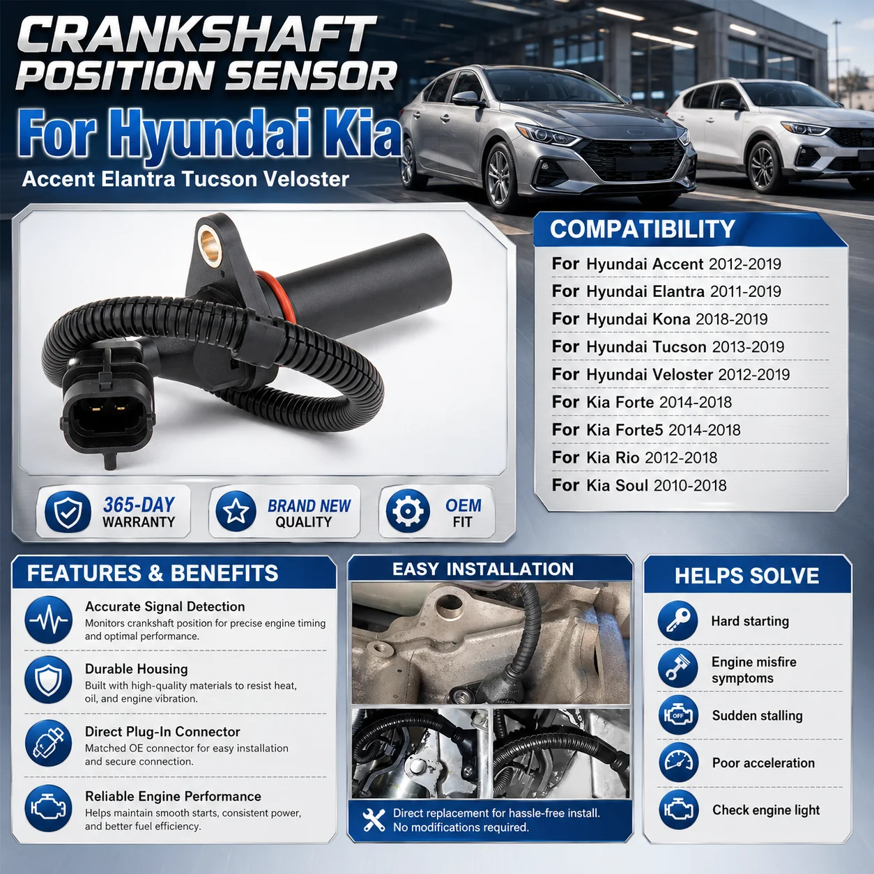 Crankshaft Position Sensor For Kia Hyundai Accent Elantra Tucson Veloster 2012-2019 2