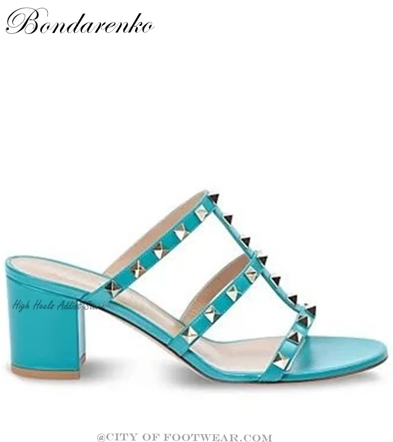 Colorful Rockstud Chunky Heel Sandals Leather Open Toe Slippers Mules Women Summer New Designer Party Dress Comfy Shoes Traf