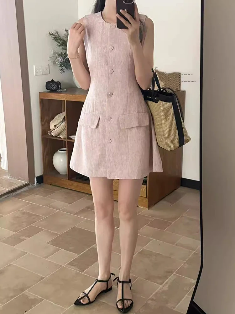 Liangliang Home Small Fraance Sle Single Button Svel Vest Dr Women Summer New Waist Cinching A-Line ort Skirt