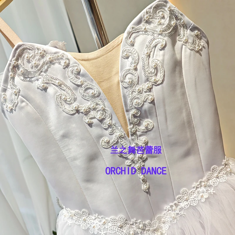 Women pure white satin V-neck spaghetti strap long ballet dress silver thread vine embroidery 3D small white flower tulle long s