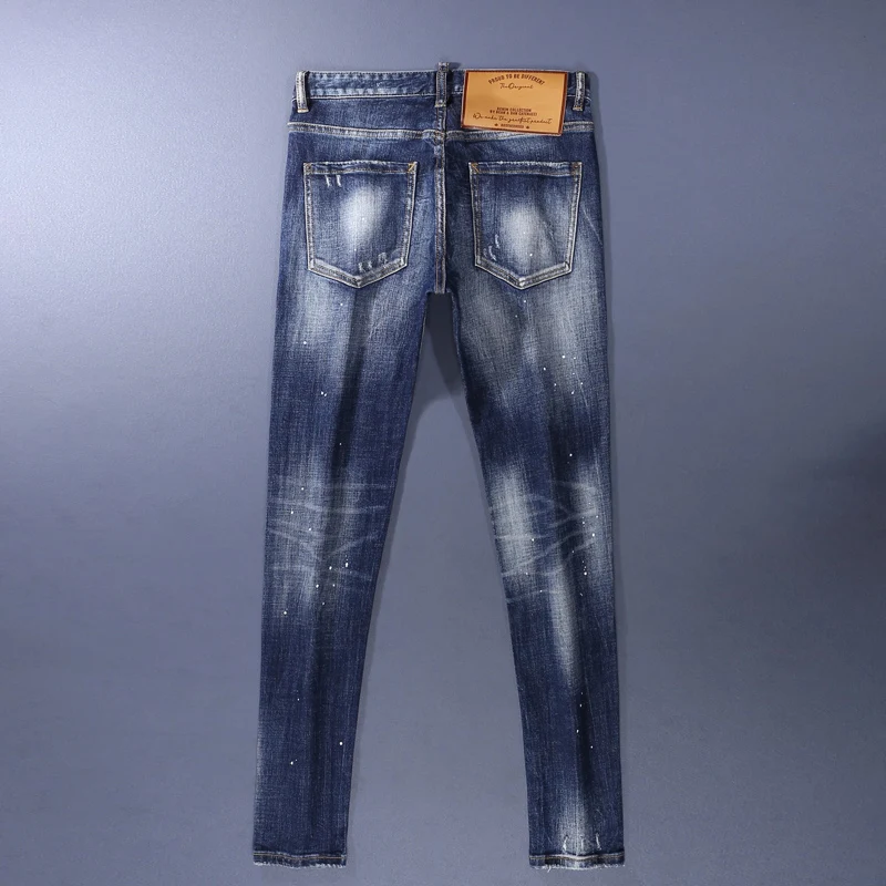 Men Dark Blue Multi‑Layer Ripped Splash Ink Washed Skinny Jeans Stretch Mid Waist Denim Pants hombre
