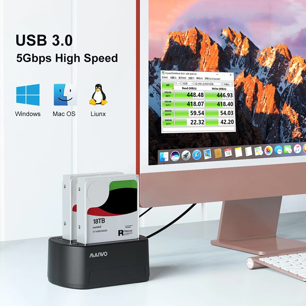 MAIWO Dual-Bay-Festplatten-Dockingstation für 2,5/3,5 Zoll HDD SSD SATA auf USB 3.0 HDD-Dockingstation mit 12V3A-Netzteil – Detail 4