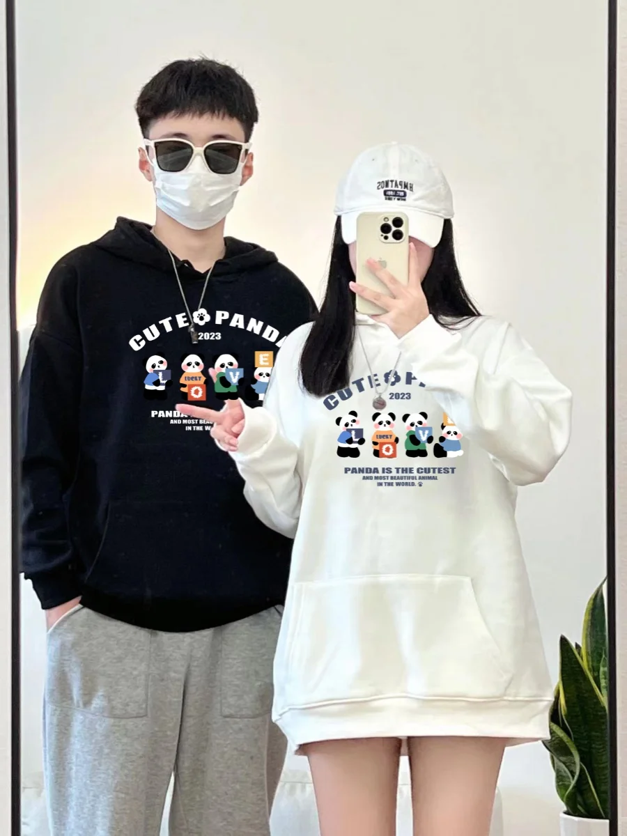 Interesting Cute Lucky Panda Pattern Printing 600g Cotton High Quality Women Men Hooded Hoodies Sweatshirt For Couple Clothes