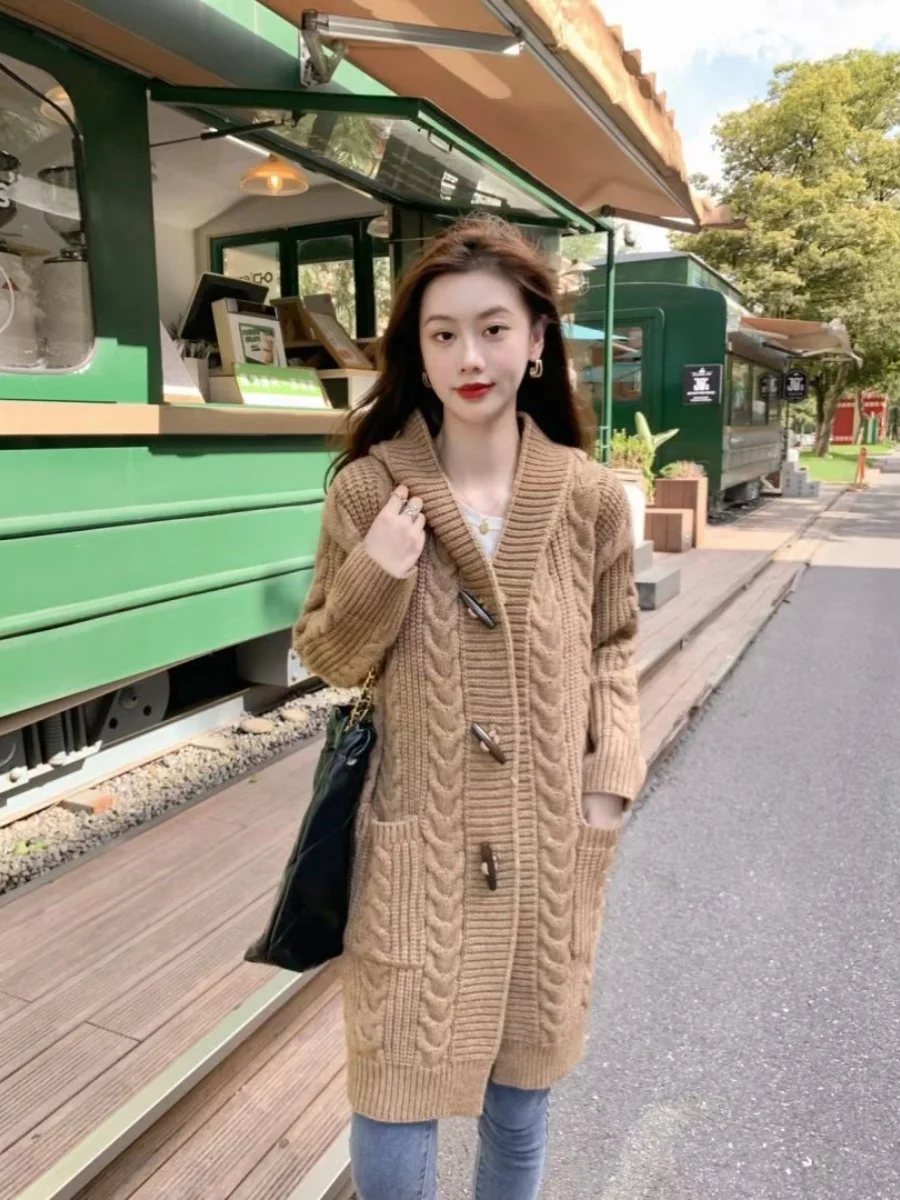 

Thickened Knitted Hooded Coat Medium Length Button Pure Color Women's Open Cardigan Loose Heavyweight Sweater Spring 2025