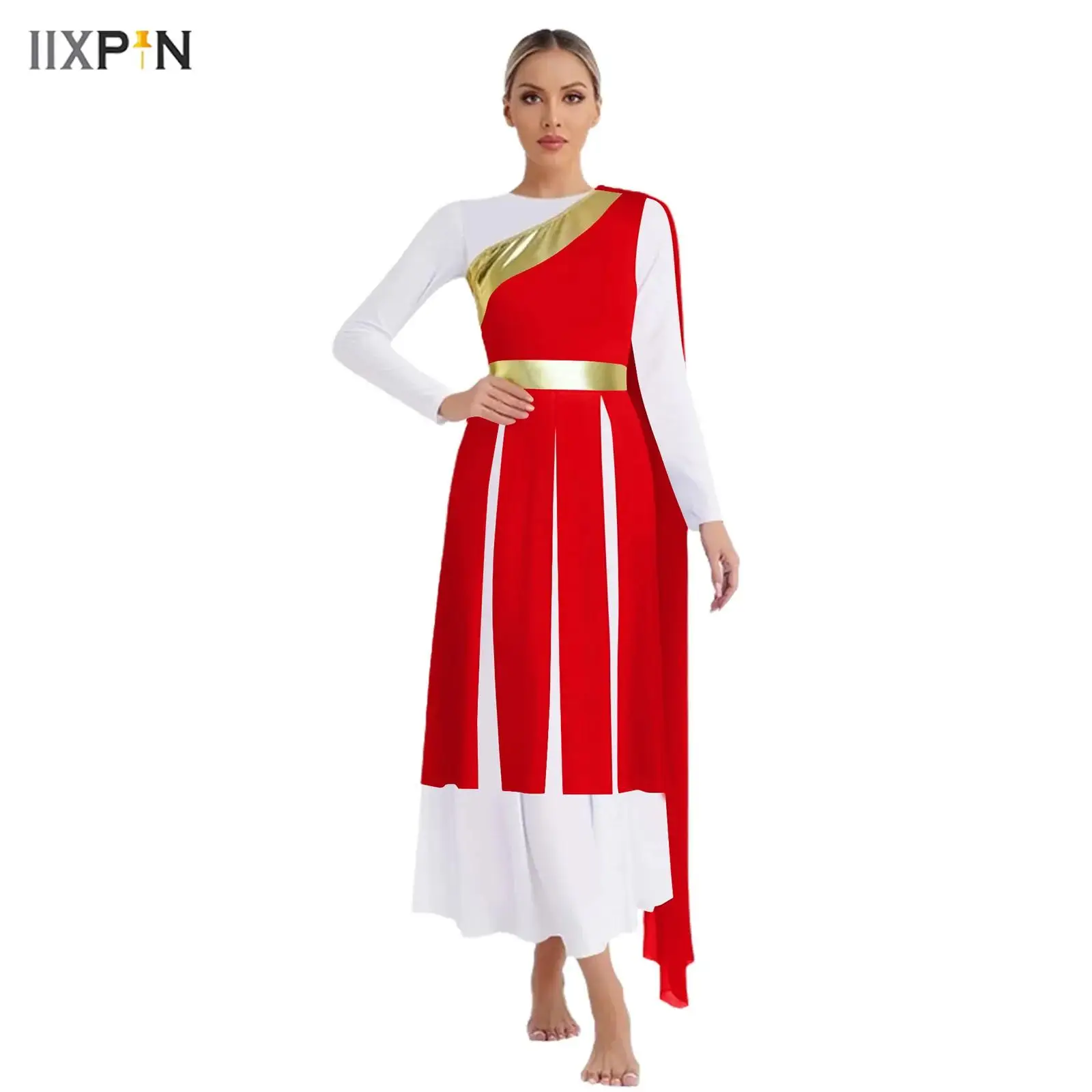 

Womens Lyrical Worship Praise Dance Dress One Shoulder with Drape Metallic Shiny Patchwork Slit Hem Tunic Dress Dance Costume