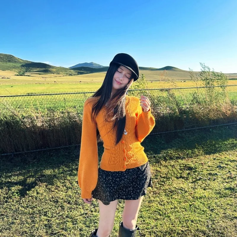 

Путешествующий вязаный свитер с тыквой оранжевого цвета, ранняя осень, уникальный красивый женский модный облегающий длинный све