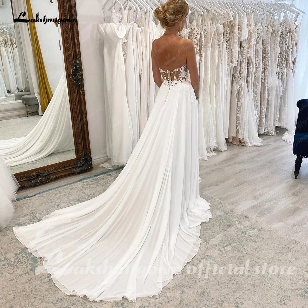 Lakshmigown Lace Chiffon A Line Boho Wedding Dress Sweetheart Backless Appliques Sweep Bridal Gown  abito da spos Customized