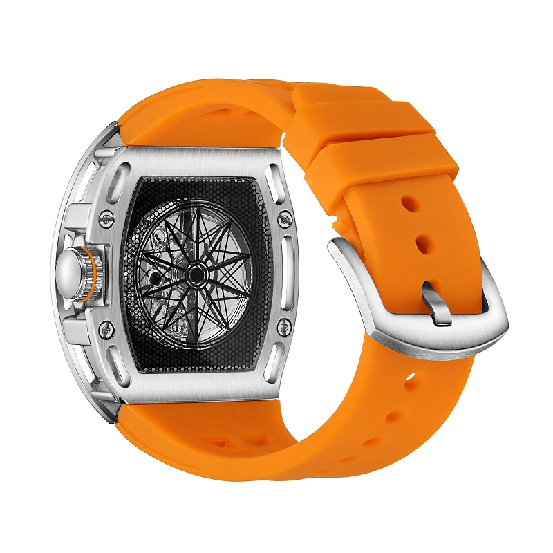 High Quality 50 Meters Waterproof See Through Skeleton Dial Orange Silicone Band Men Quartz Watch