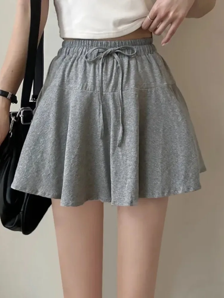 

Summer High Waist A-Line Skirt Women's Pure Color Elastic Waist Slimming Casual Half Skirt with Lace Hemline