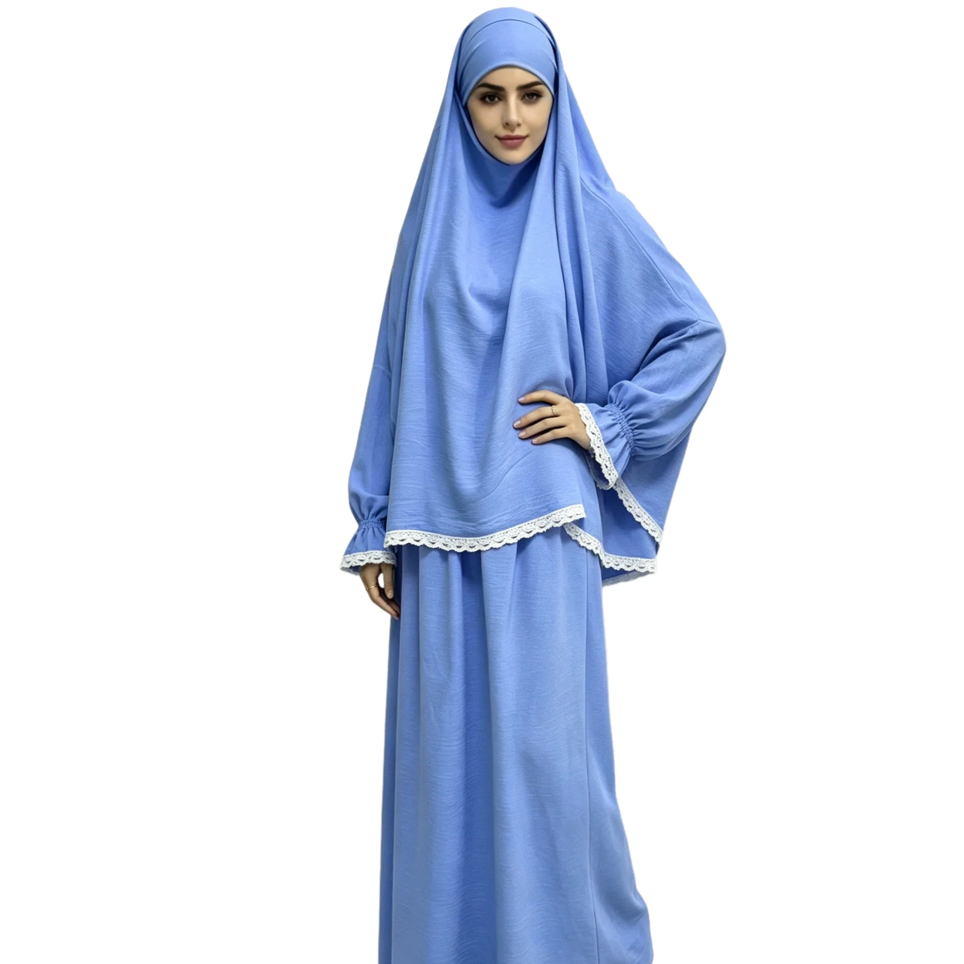 

Muslim Women's Full Cover Prayer Outfit Two-Piece Lace Abaya Hijab Set Khimar Jalabiya Kaftan Islam Clothing Eid Ramadan Worship