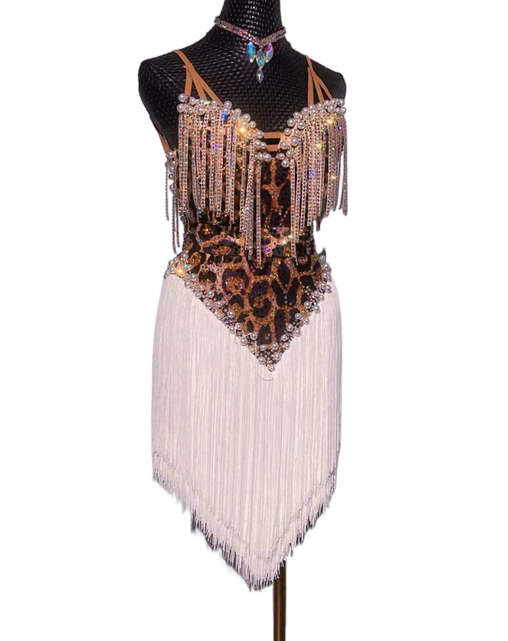 

Latin Dance High-end Custom Leopard Print Suspender With Diamond Tassel Dress Cha Tango Female Adult Stage Professional Clothing