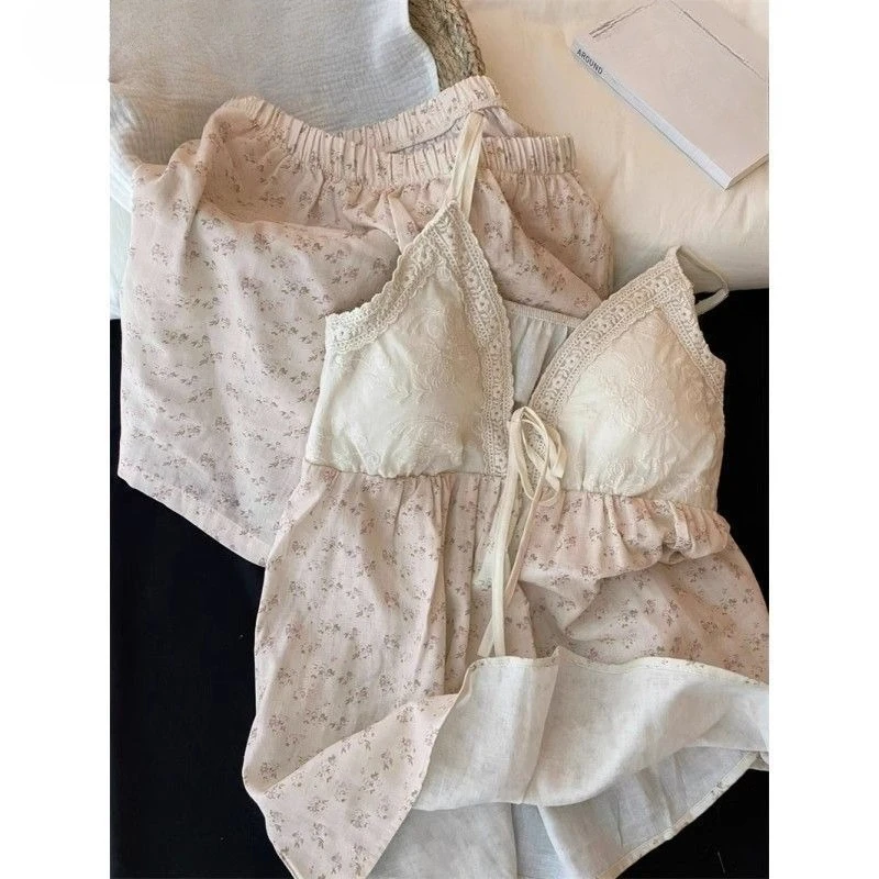 

Summer New Japanese Style Sweet Print Sleepwear Set Casual Sleeveless Soft Pajama Loungewear Suit Woman
