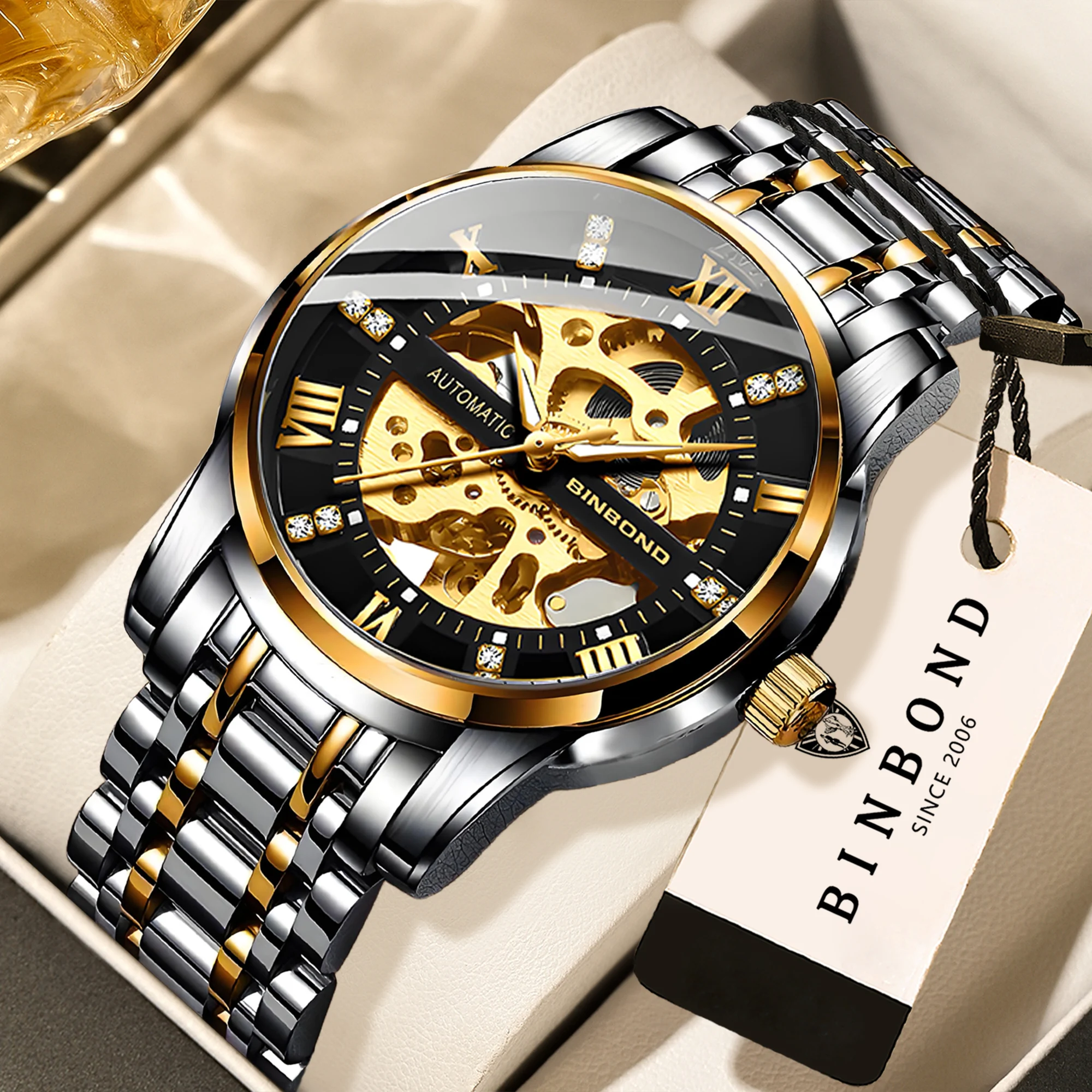 BINBOND skeleton mechanical wristwatches for men luxury luminous waterproof reloj automatic precise tourbillon men's watch