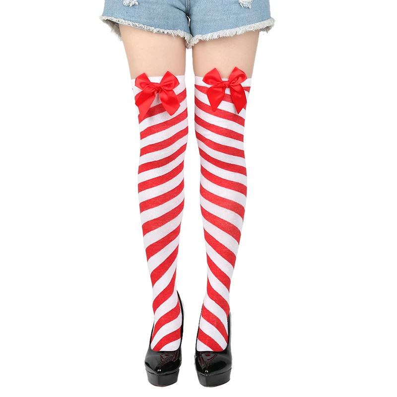 Christmas Striped Thigh High Stockings With Bows Knee High Socks Holiday Stockings Costume Accessories For Women Girls Hot Sale