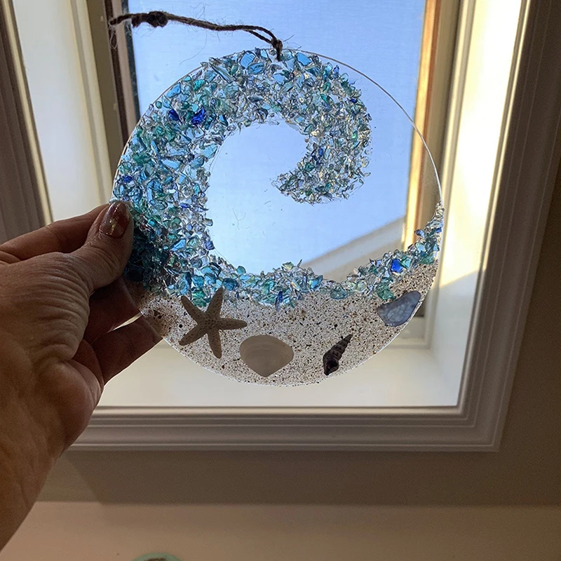 Sea Glass Sun Catcher Crashing Ocean Wave Beach Suncatcher For Window Beach Glass Suncatcher On Acrylic Circle Sea Glass Pieces